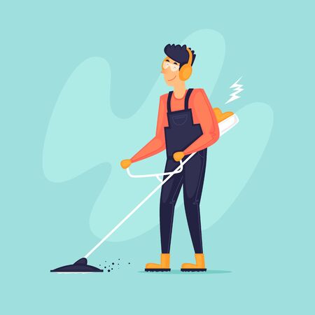 Man mows grass, lawn. Flat design vector illustration.のイラスト素材