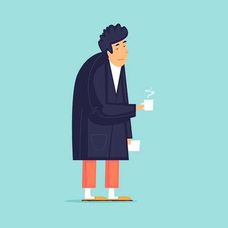 Morning, a man in a bathrobe with coffee, fatigue. Flat design vector illustration.のイラスト素材
