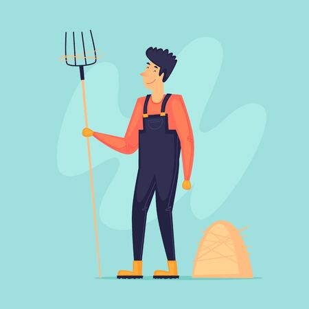 Agriculture, a man holds a pitchfork. Flat design vector illustration.のイラスト素材