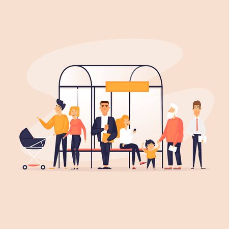 People at the bus stop waiting for public transport. Flat design vector illustration.のイラスト素材