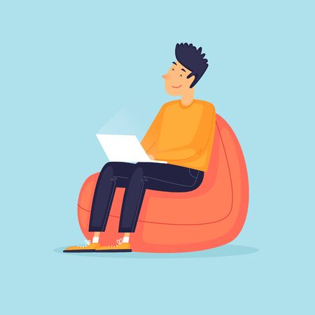 man sits on a chair with a laptop bag. Internet Business. Programmer. Flat design vector illustration.のイラスト素材