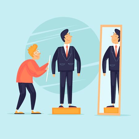 Atelier tailoring, a man trying on a suit, a tailor. Flat design vector illustration.のイラスト素材