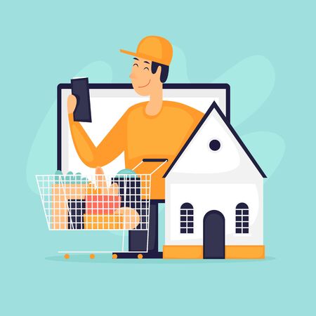 Home delivery, online store, courier with products. Flat design vector illustration.のイラスト素材