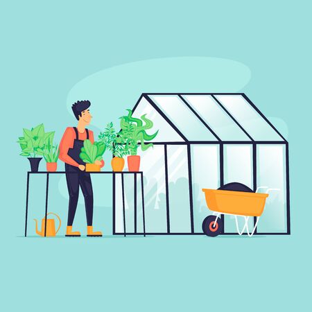 Man near the greenhouse, agriculture, spring, vegetable planting season. Flat design vector illustration.のイラスト素材