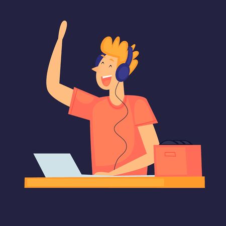 DJ plays music. A party. Flat design vector illustration.のイラスト素材