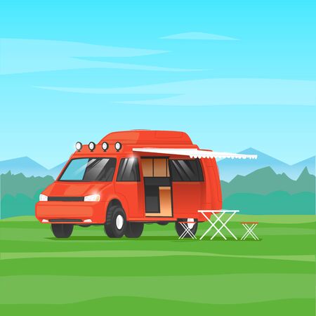 Camping, camper voyage. Flat design vector illustration.のイラスト素材