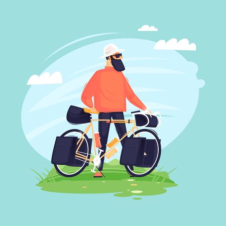 Man travels by bicycle, cycling, bikepacking. Flat design vector illustration.のイラスト素材