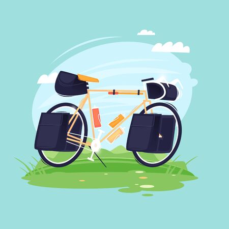 Biking, cycling, hiking, bike with bags. Flat design vector illustration.のイラスト素材
