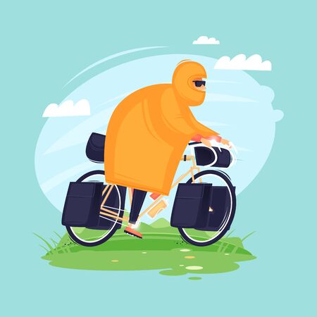 Bikepacking. Man rides in a raincoat on a bicycle, traveling by bicycle. Flat design vector illustration.のイラスト素材