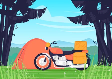 Camping, motorcycle trip. Flat design vector illustration.のイラスト素材