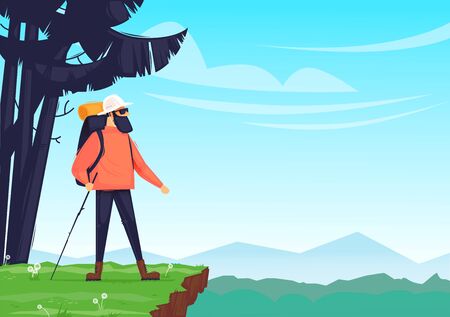 Camping, outdoor recreation, a man with a backpack in the woods. Flat design vector illustration.のイラスト素材