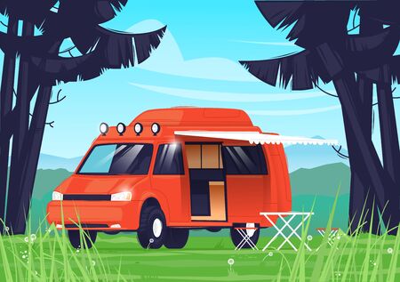 Van life. Camping, minibus trip. Forest landscape. Flat design vector illustration.のイラスト素材