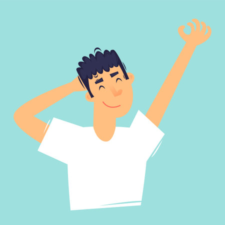 Morning, man wakes up, daily routine. Flat design vector illustration.のイラスト素材