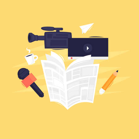 News, newspaper, video camera and microphone. Flat design vector illustration.のイラスト素材
