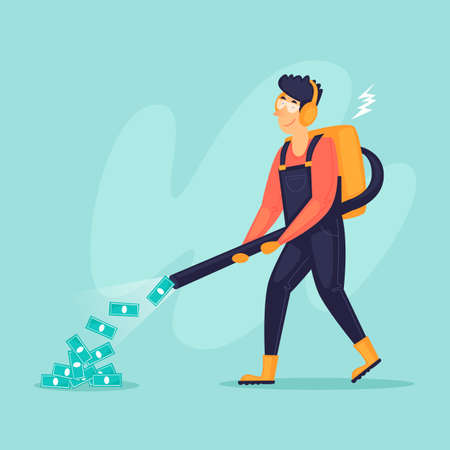 Man vacuums money, successful businessman. Flat design vector illustration.のイラスト素材