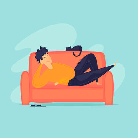 Laziness, the man is lying on the couch. Flat design vector illustration.のイラスト素材
