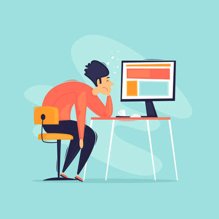 Burnout, tired office worker. Apathy, depression, a man lies on the desktop. Flat design vector illustration.のイラスト素材
