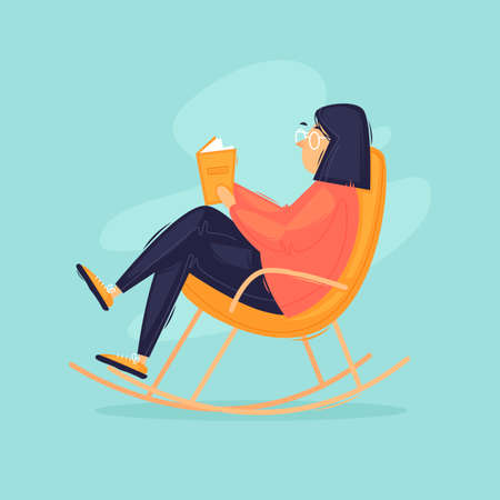 Stay at home, a woman is reading a book while sitting on a rocking chair. Flat design vector illustration.のイラスト素材