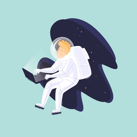 Remote work. Astronaut with laptop in space. Flat design vector illustration.のイラスト素材