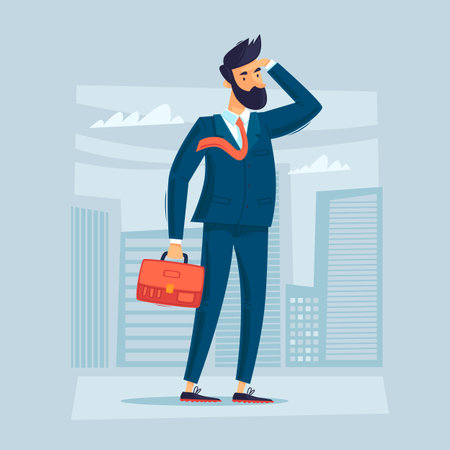 Job search, a man in a suit with a briefcase is looking for. Flat design vector illustration.のイラスト素材
