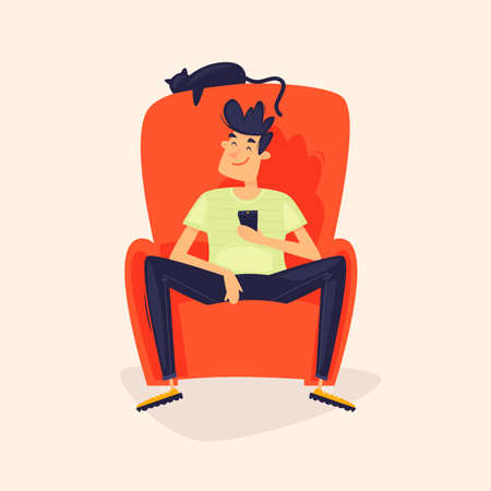 Man is watching TV. Flat design vector illustration.のイラスト素材