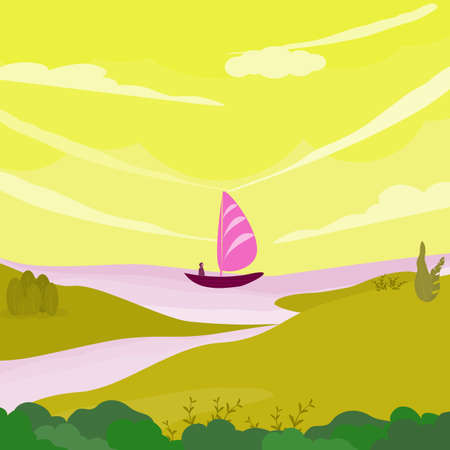 Summer landscape with mountains and sea, sailing, abstract background nature texture pattern, scene wallpaper, vector illustration art graphic designのイラスト素材