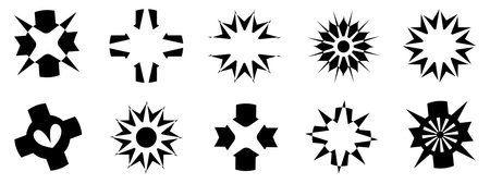 Set of silhouette black color isolated element, starburst star burst  shape icon art design sign symbol, abstract background texture pattern wallpaper illustrationのイラスト素材