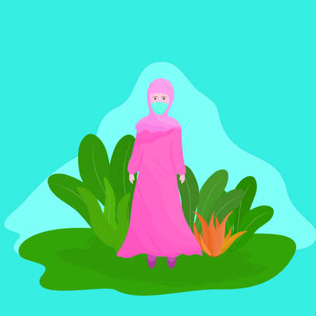 Women muslim with surgical mask stay at home in the garden for quarantine coronavirus covid-19, abstract background texture wallpaper pattern graphic design.のイラスト素材