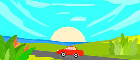 Abstract backgrounds funny cartoon people travel countryside landscapes summer holiday wallpaper scene vector illustrationのイラスト素材
