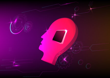 Abstract background cyborg head microchip mechanical intelligent technology electronic science innovation graphic design vector illustrationのイラスト素材