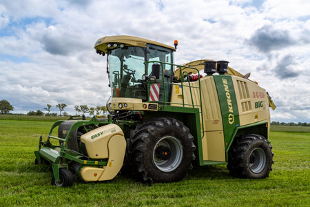 Russia, Leningrad Region - June, 2019: Powerful combine brand Krone at the exhibitionのeditorial素材