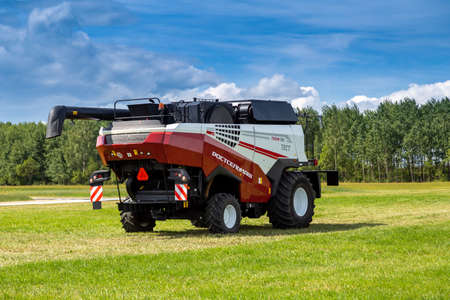 Russia, Leningrad Region - June, 2019: Powerful tractors brand Rostselmash at the exhibitionのeditorial素材