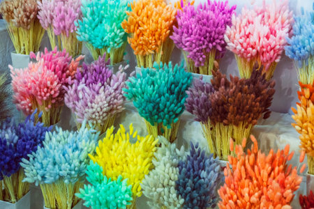 Beautiful background with colorful decorative dried flowers. Fluffy decorative dry plants for bouquetsの写真素材