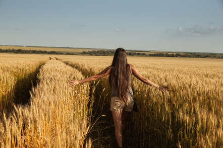 girl with long hair in a golden wheat fieldの写真素材