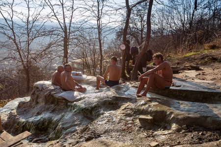 People bathe in mineral water flowing from Lake Proval in the famous resort town of Pyatigorskのeditorial素材