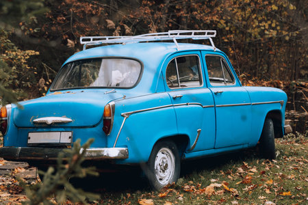 MOSCOW, RUSSIA - October 15 2022: Retro car Moskvich in the parking in autumn. Back view.のeditorial素材