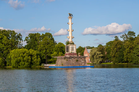 Pushkin, Russia - July 12, 2022: Chesme Column on the island of Grand Pond in Catherine park in Tsarskoye Seloのeditorial素材