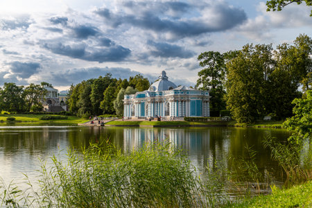 Pushkin, Russia - July 12, 2022: Grotto Pavilion on a gloomy September day. Catherine Park, Tsarskoye Seloのeditorial素材
