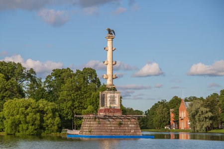 Pushkin, Russia - July 12, 2022: Chesme Column on the island of Grand Pond in Catherine park in Tsarskoye Seloのeditorial素材