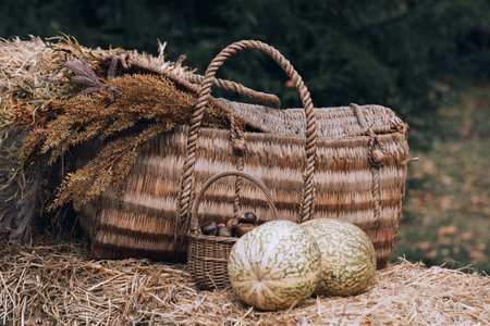 Autumn pumpkins, cauliflower and winter cabbage harvestedの写真素材