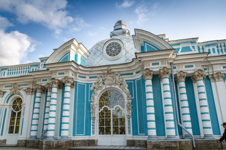 Pushkin, Russia - July 12, 2022: Grotto Pavilion on a gloomy September day. Catherine Park, Tsarskoye Seloのeditorial素材