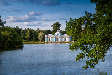 Pushkin, Russia - July 12, 2022: Grotto Pavilion on a gloomy September day. Catherine Park, Tsarskoye Seloのeditorial素材