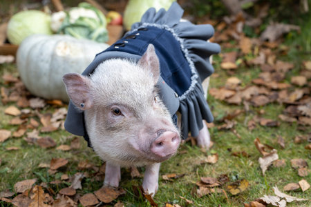 White mini pig in a smart suit posing on an autumn backgroundの写真素材