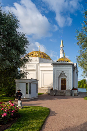 Pushkin, Russia - July 12, 2022: The view of the mosque like Turkish Bath pavilion in Tsarskoye Seloのeditorial素材