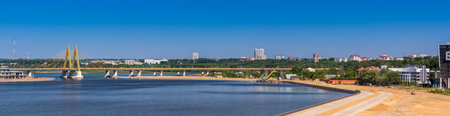 Kazan, Russia - August, 20, 2018: embankment of Kazanka river in Kazan with bridge Millenium Russiaのeditorial素材
