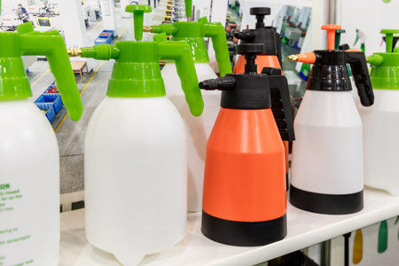 SAINT-PETERSBURG, RUSSIA, September, 1, 2023: Various plastic sprayers or sprayers are on display at...
