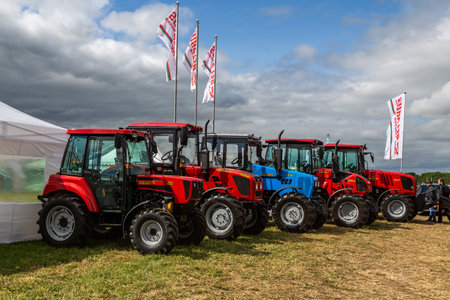 Russia, Leningrad Region - June, 2019: Powerful tractors of the BELARUS brand at the exhibitionのeditorial素材