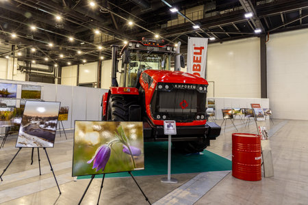 SAINT-PETERSBURG, RUSSIA, September, 1, 2023: Equipment for agriculture, machines presented to an agricultural exhibition. Tractors outdoors.のeditorial素材
