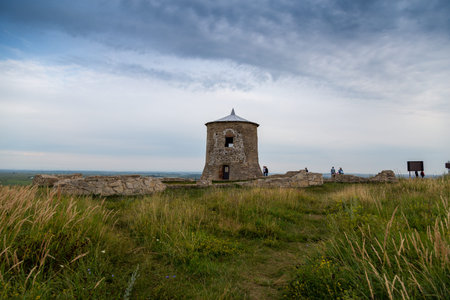 Yelabuga, Republic of Tatarstan, Russia - June 25, 2019: The tower of an ancient Bulgarian fortress on a high cliff on the banks of the Kama Riverのeditorial素材