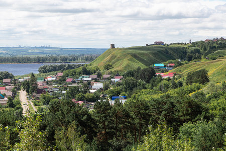 The tower of an ancient fortress on a high cliff on the banks of the Kama River, Elabuga, Tatarstan, Russian Federationの写真素材